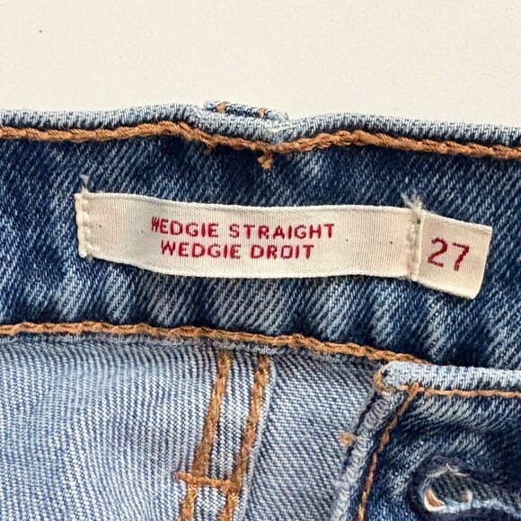 Levi's Wedge Straight Raw Ruffle Hem Denim Jeans Blue Wash Size 27 - Picture 4 of 6